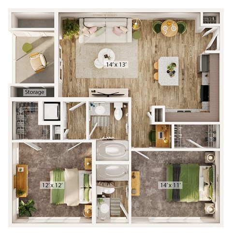 Floor plan for 2 beds, 2 baths, 985 sqft
